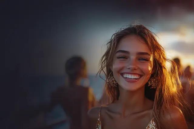 Smiling player at a Lucky Vibe beach party, artwork for the account section