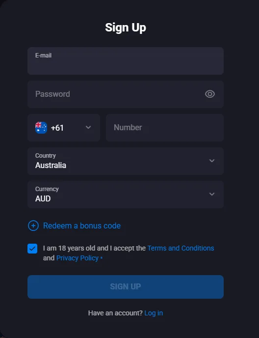 Lucky Vibe Casino registration form with the Redeem a bonus code field Lucky Vibe Casino registration form with the Redeem a bonus code field