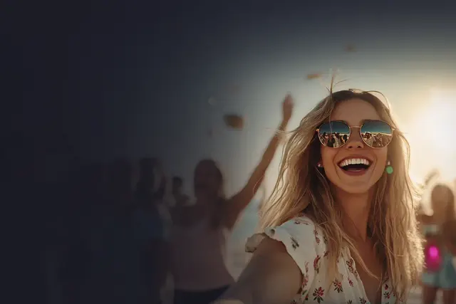 Lucky Vibe Casino artwork: a DJ at a sunset beach party