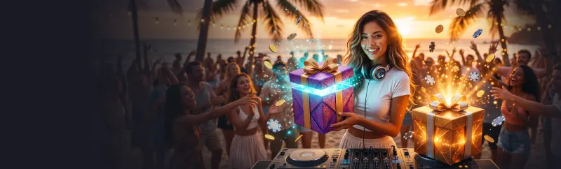 DJ with glowing gift boxes, artwork for Lucky Vibe weekly reload codes DJ with glowing gift boxes, artwork for Lucky Vibe weekly reload codes