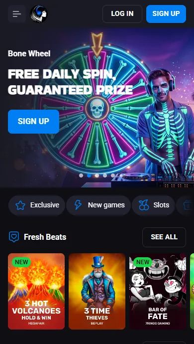 LuckyVibe Casino web app lobby on a phone screen with the Bone Wheel banner